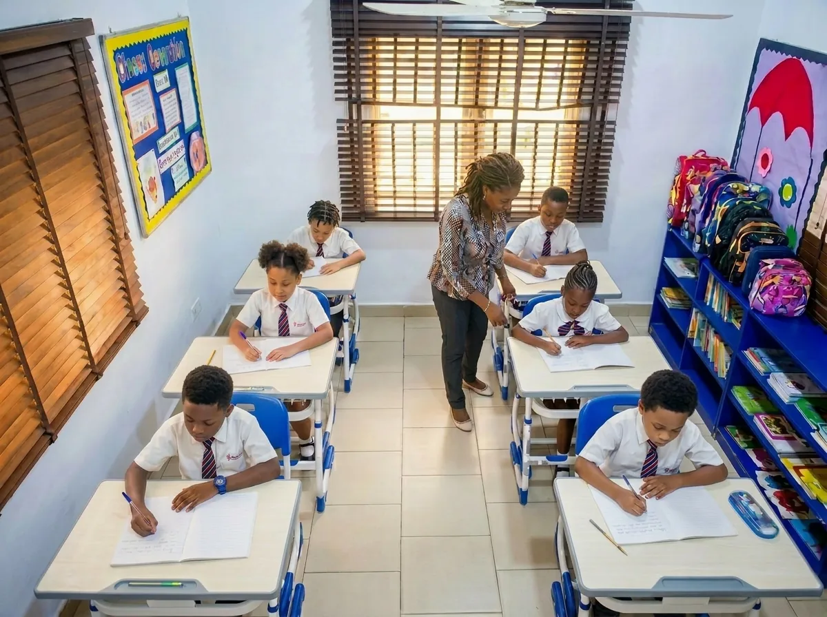 African primary school children learning in classroom at Pleasant Places School Port Harcourt